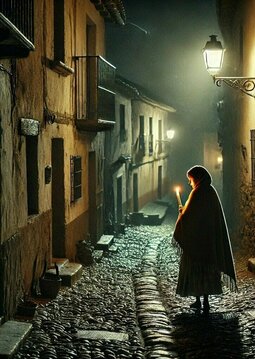 event_m_DALL_E_2024-08-22_16.15.38_-_A_night-time_street_scene_in_the_Barrio_Alto_of_Órgiva._The_scene_shows_a_young_woman__Filo__walking_down_the_narrow__cobblestone_street_with_a_lit_ca